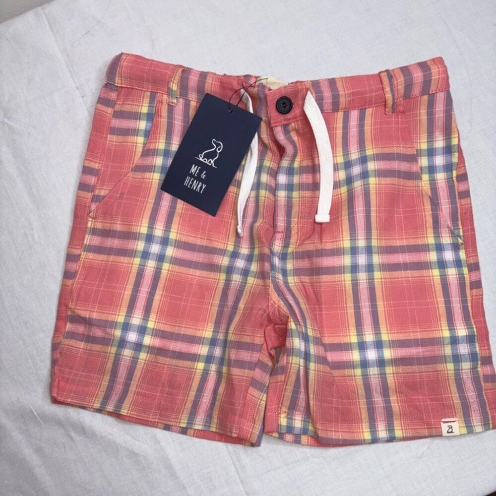 NEW NWT Me & Henry Coral/Lemon Plaid Pull-On Crew Shorts size 9-10Y Preppy
